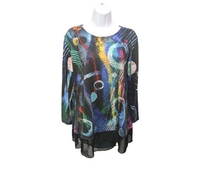 Jess & Jane Geo Pop Sublimination Contrast Hem Tunic Top Womens M Artsy  #9