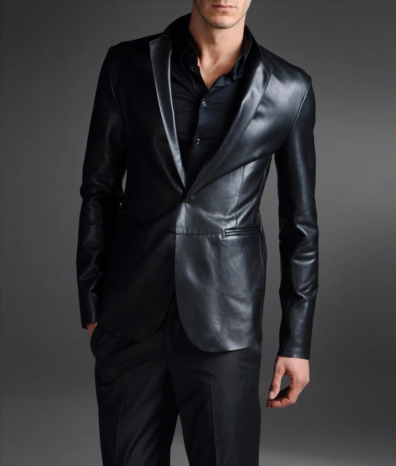 Blazer Abrigo Blazer Para Hombre Piel de Cordero Genuina Cuero Real Negro Un Botón Calce Ajustado