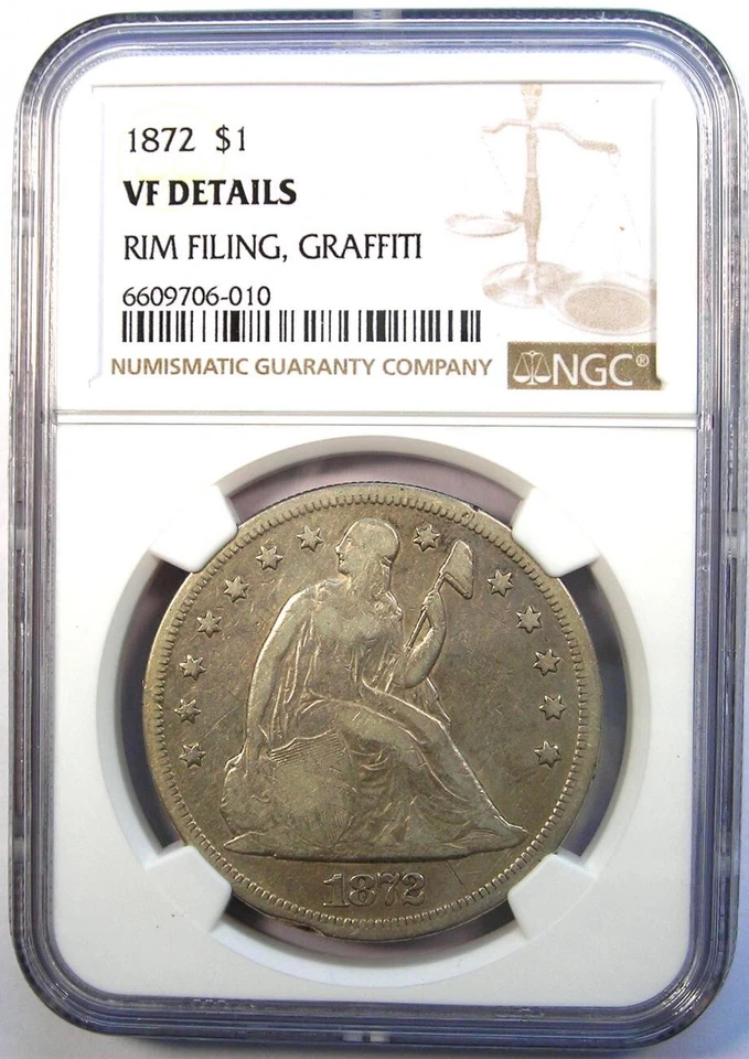 1872 Seated Liberty Silver Dollar $1 - Certified NGC VF Detail - Rare Early Coin - Image 2 of 4