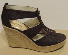 New Michael Kors Damita Caged Espadrille Wedge Sandal brown platform MK logo pvc