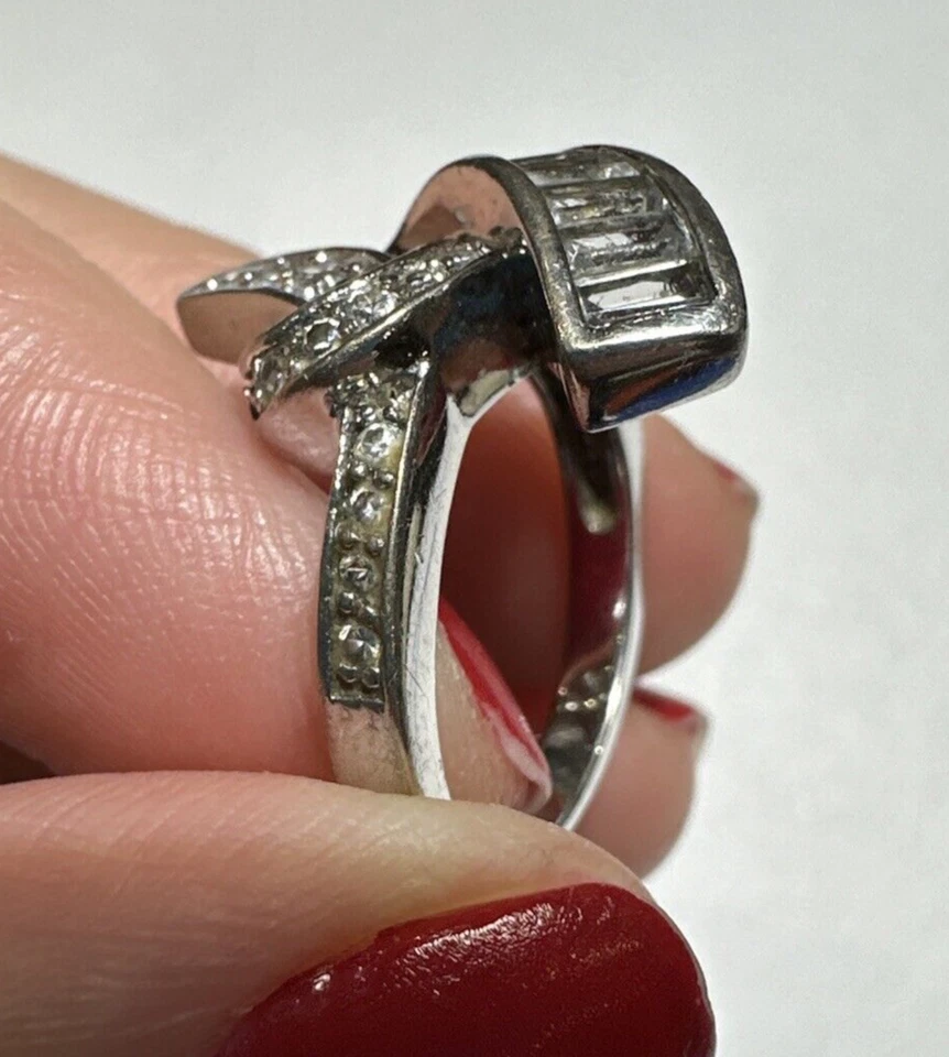 Vintage Art Déco Argento Sterling Nodo Baguette Strass Misura 6 Anello 10f 17 - Immagine 3 di 4