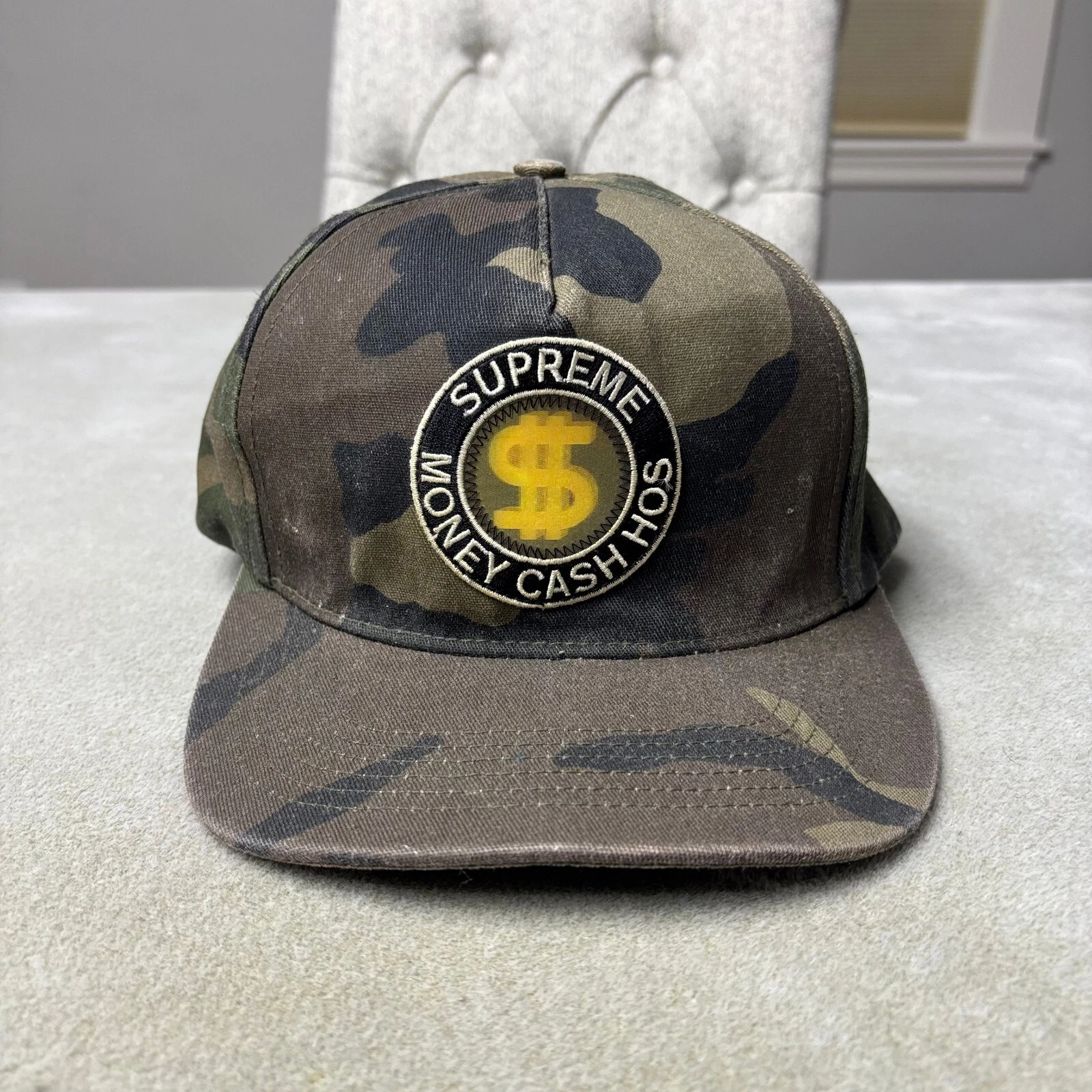 Casquette chapeau suprême snap back argent cash hos hologramme camouflage 5 panneaux FW13