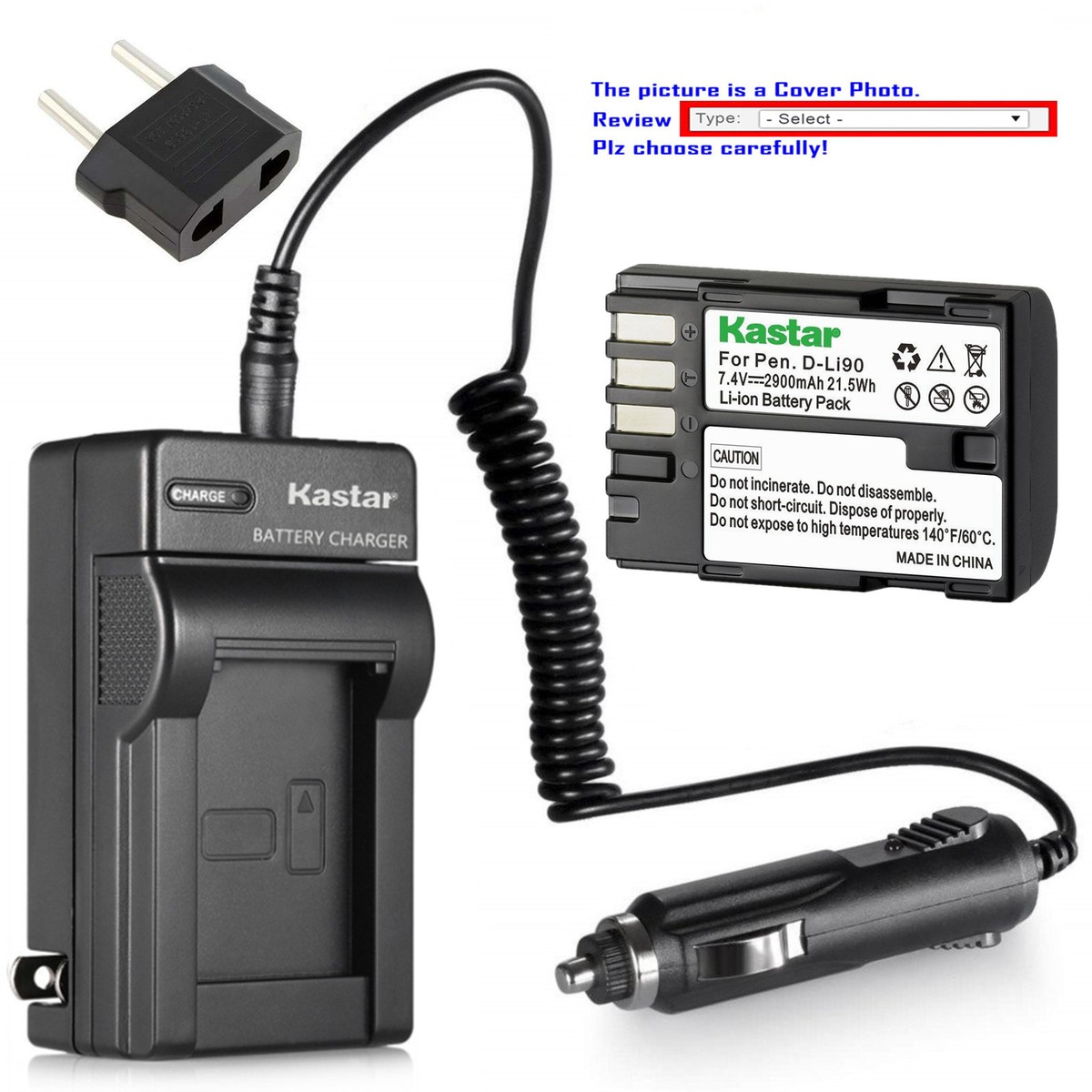 Kastar Battery AC Travel Charger for Pentax D-Li90 & D-BC90 K-BC90