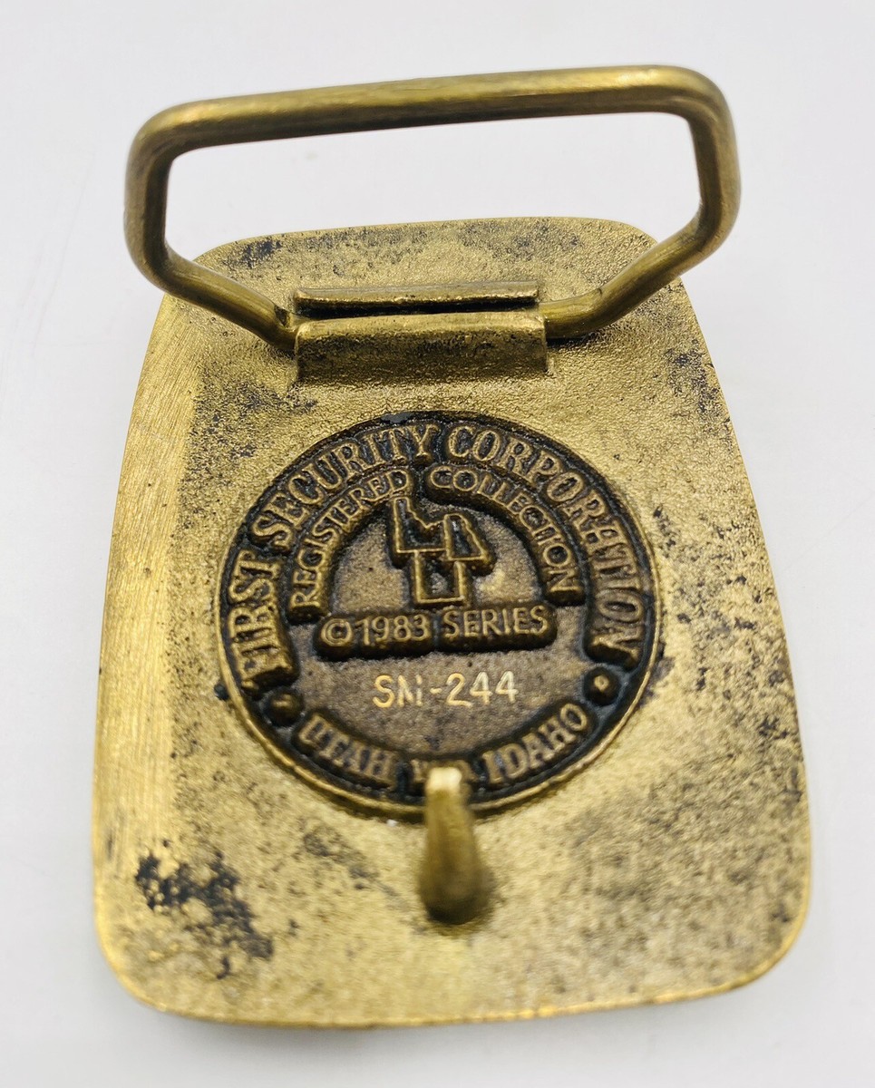 Rare First Security Corporation IDAHO Brass Belt Buckle 1983 