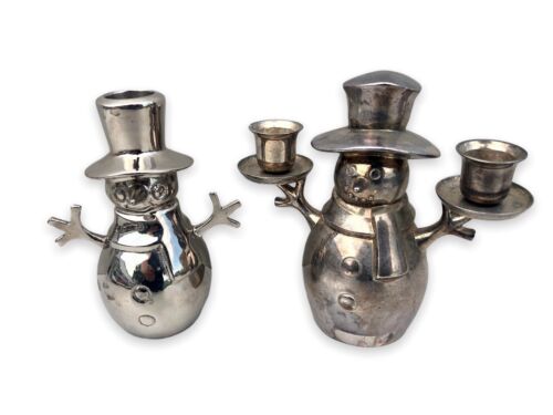 PAIR Polished Metal Silver-Tone Snowman Tapered Candle Holders 5-1/4" Christmas - Picture 1 of 4