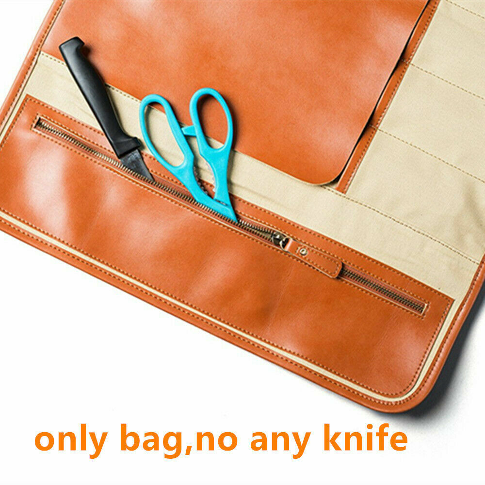 10 Slot Chef's Knife Roll Bag Tan Genuine Leather Knife Roll Backpack
