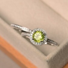 925 Sterling Silver Green Peridot Stack Ring Round Natural Gemstone Women Ring