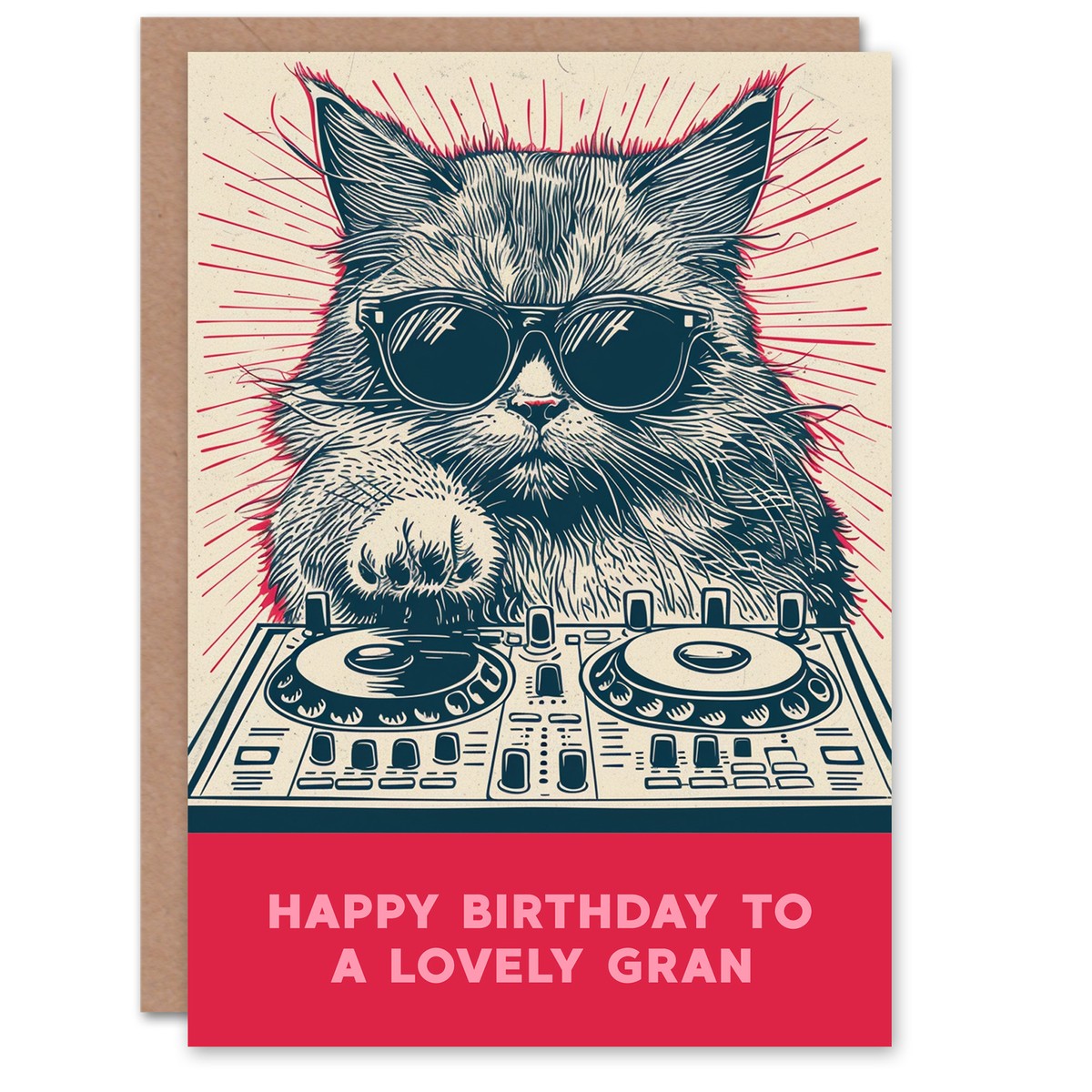 Gran Happy Birthday DJ Moggie Retro Cool Cat On Decks Fun Funny
