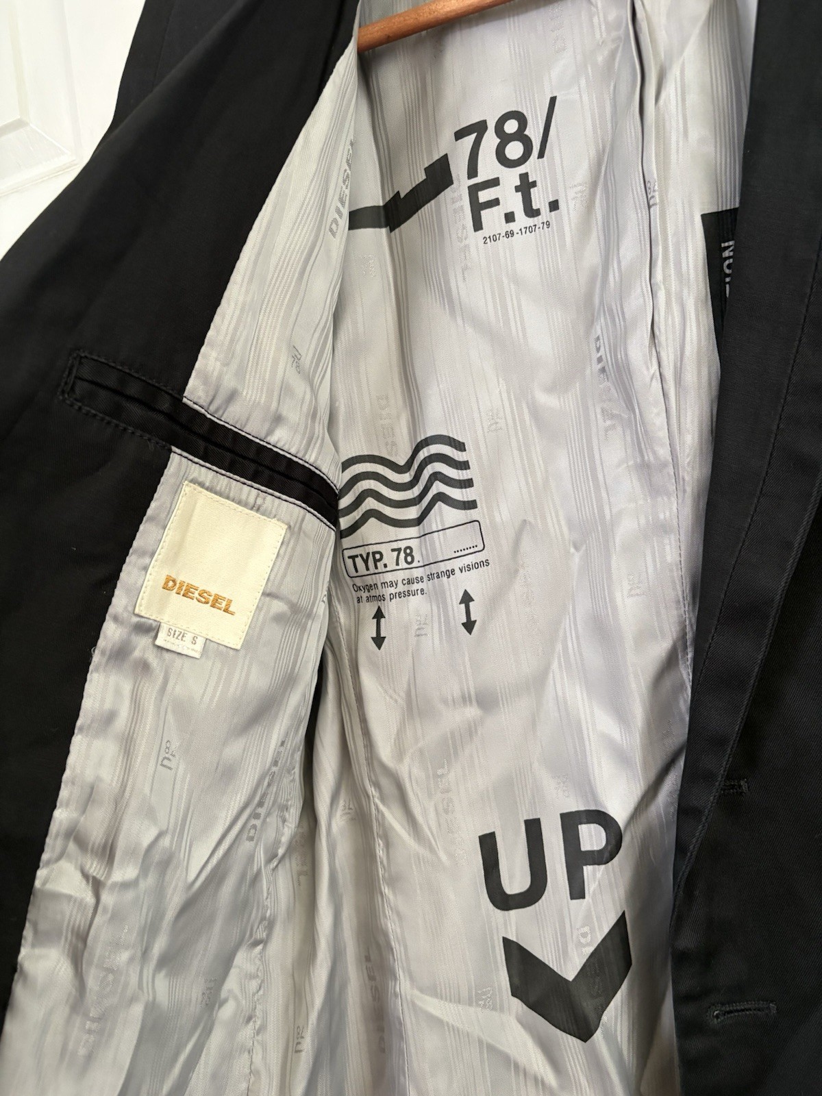 Diesel Blazer Men's S Slim Fit Avant Garde Black Reflective Satin Casual Cotton