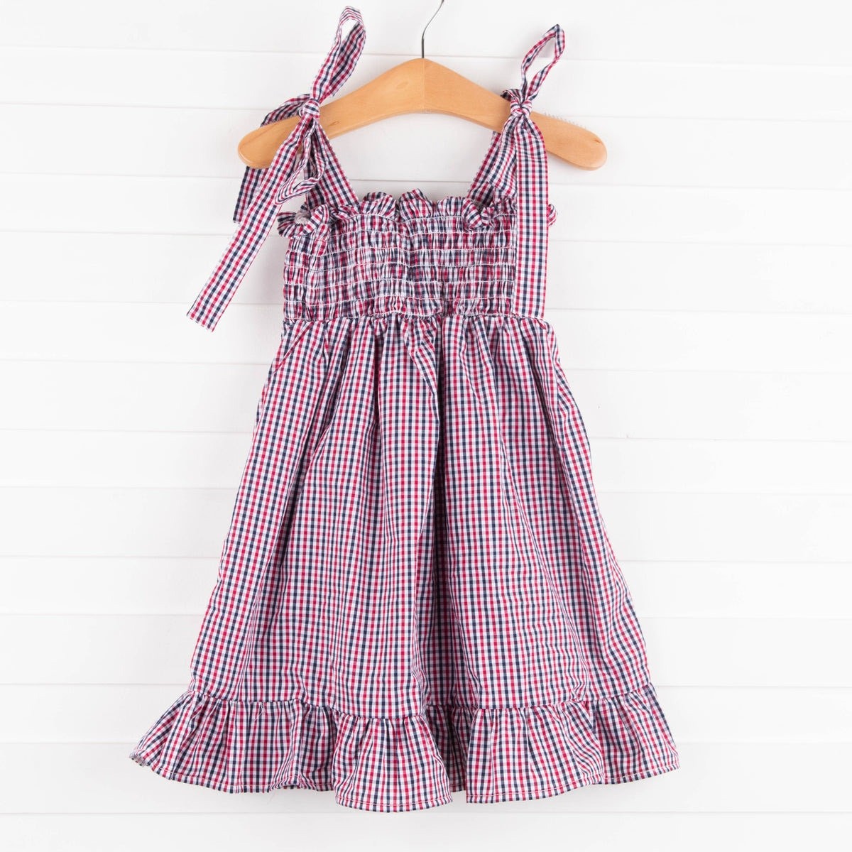 Stitchy Fish Dress Girls 5 Red Blue Gingham Smocked Tie Strap Sundress Cotton