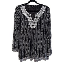 Lucky Brand Tunic Top Women 1X Black White Embroider Beaded Bib Boho Linen Blend