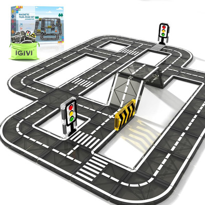Magnetic Tiles Road Expansion Pack, STEM Magnet Building Blocks for Toddler Kids