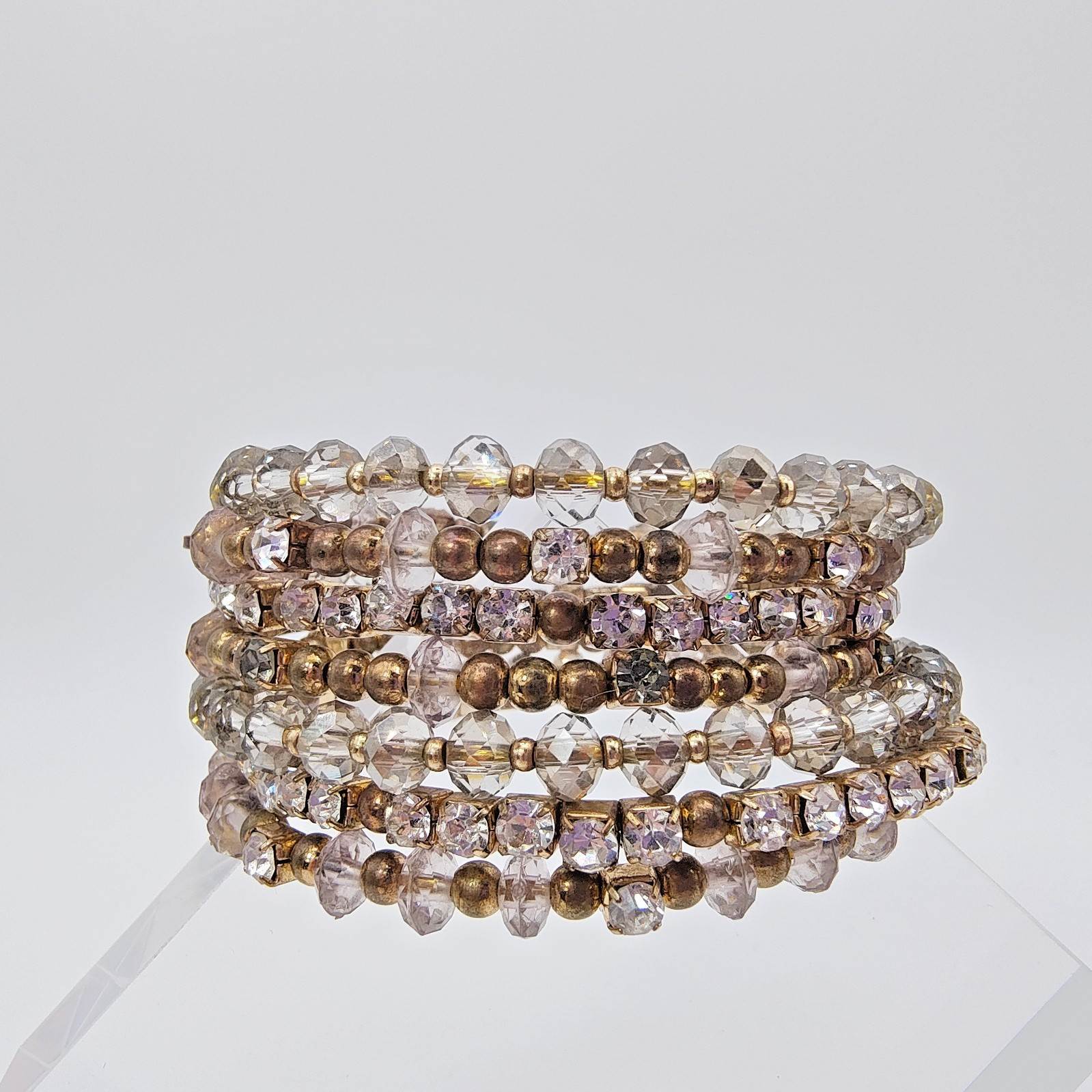 Boho Luxe Wire Memory Wrap Bracelet Gold Tone Beaded Rhinestone Maximalist