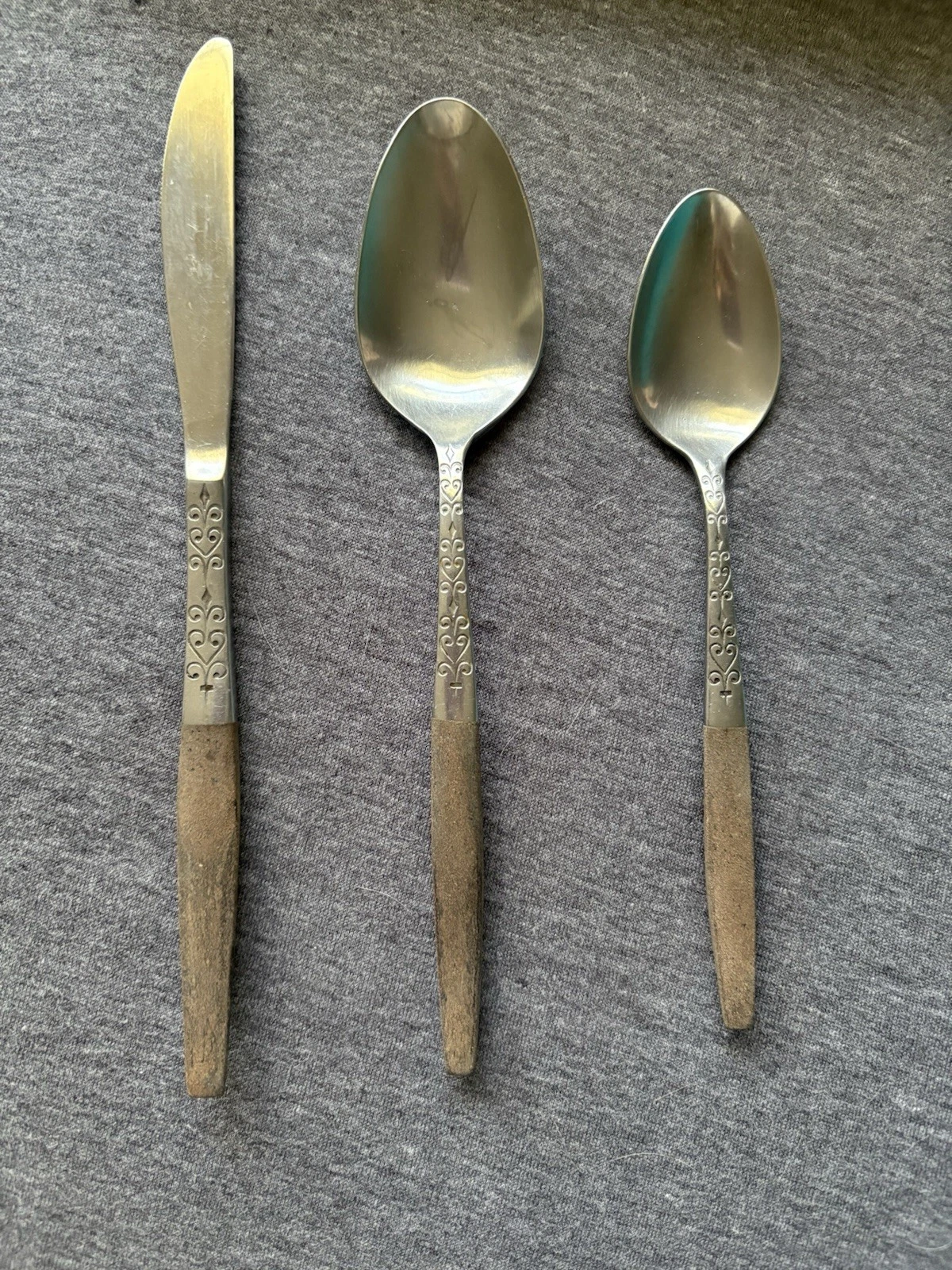 Vintage MCM Stainless Steel Wood Flatware Set Knife Spoon