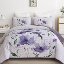 Mybedsoul Floral Quilt Set King Size 3 Pieces Purple Bedspread Coverlet Set