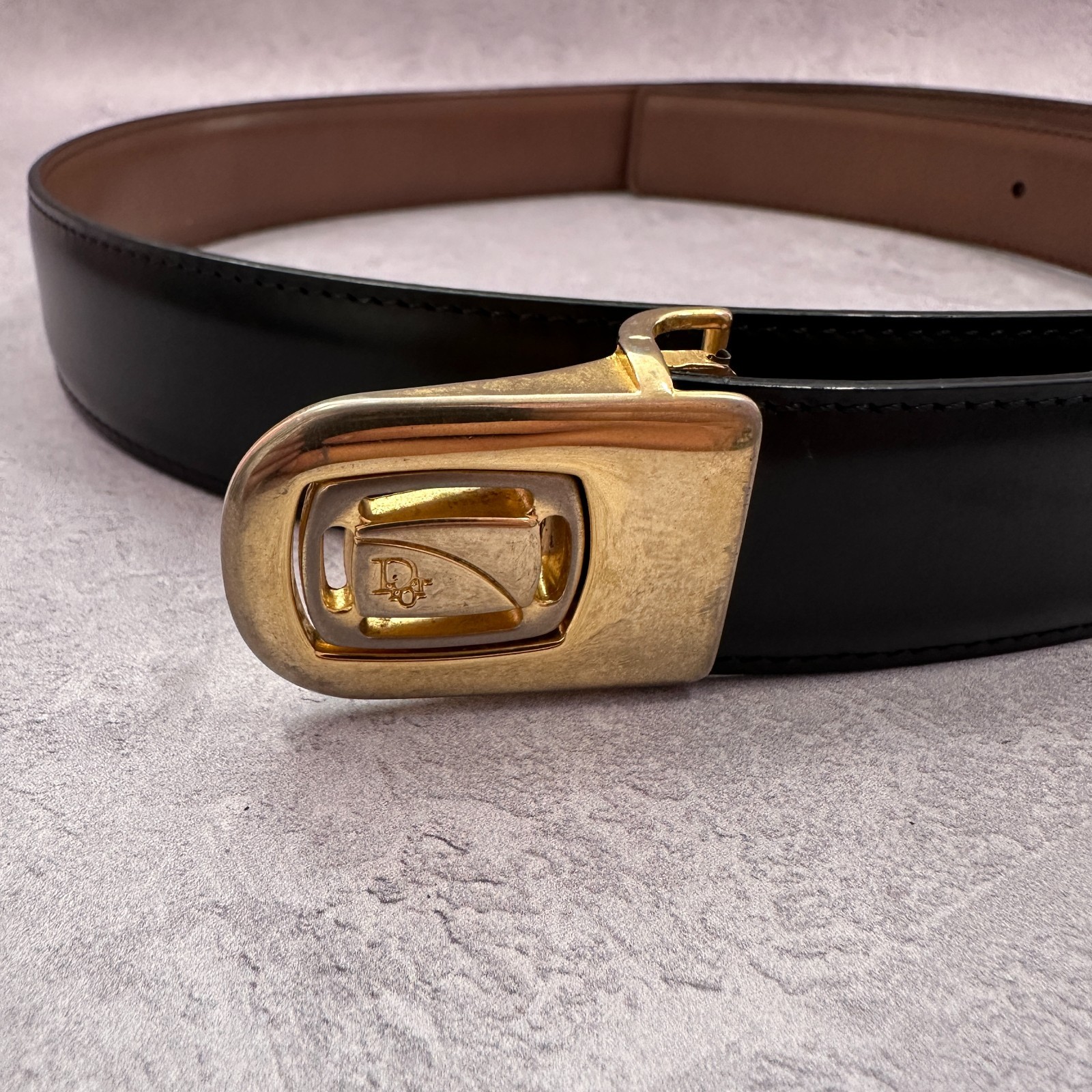 Christian Dior Retro 90s black and gold buckle leather unisex belt belt image 3