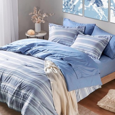 Codi King Size Bedding Comforter Sets with Sheets, Blue White Striped Bed in a