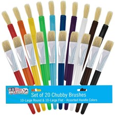 20pc Large Round  Flat Children's Hog Bristle Tempera Paint Brush Set, Kids Fun