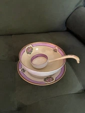 Antique Seito Studio Pink Cream Floral Ladle, Footed Bowl and Saucer