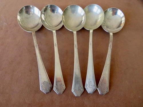 5 Towle Silver Lady Mary Sterling Round Bowl Gumbo Soup Spoons Monogram 209 gram