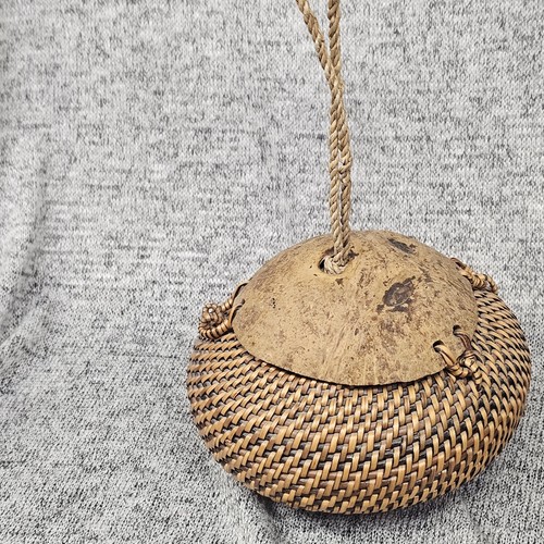 Handwoven Rattan Basket with Coconut Shell Lid Rope Handle Lidded Storage Decor - Picture 3 of 9