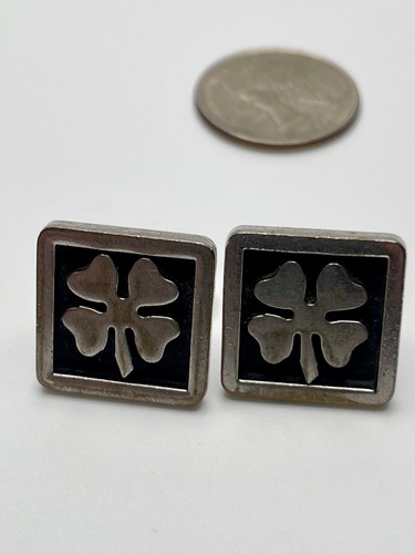 Vintage Anson Silver Tone Four Leaf Clover Relief Black Background Cufflinks