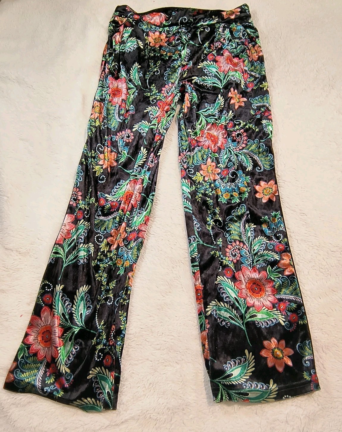 Molly Bracken Floral Velvet Wide Leg Pants Women's XL Black Boho Trouser Velvet