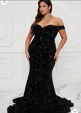 Black Off Shoulder Long Sleeve Plus Size Long Gown Dress with Sequin Accents 2XL