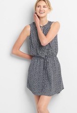 Gap Navy White Daisy Floral Print V Neck Sleeveless Dress Tie Waist Size Small S