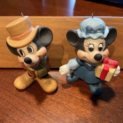 Vintage Disney Japan Mickey & Minnie Mouse Christmas Carol Porcelain Ornaments 
