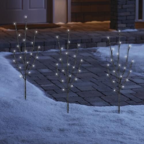 3 Pc Set Lighted Tree Twigs Stakes Cool White LED Outdoor Christmas