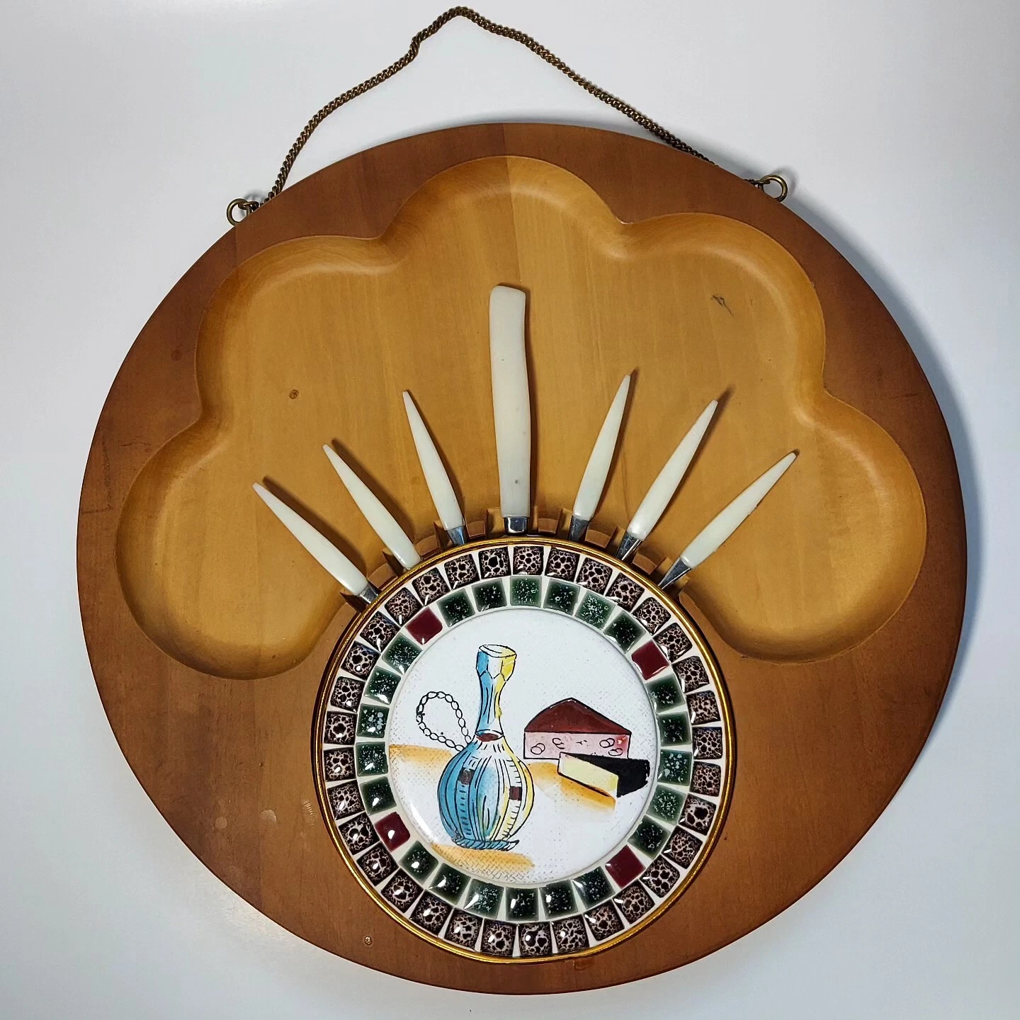 Vintage Wooden Hanging Japanese Cheese Board with Stainless Steel Knife & Forks