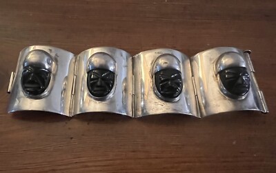 Vintage Artisan Mexican Carved Obsidian Faces Silver Bracelet 6'' Signed Espinosa