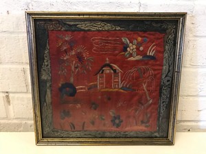 Antique Chinese Qing Dynasty Silk Embroidered Textile w Pagoda Building Flowers