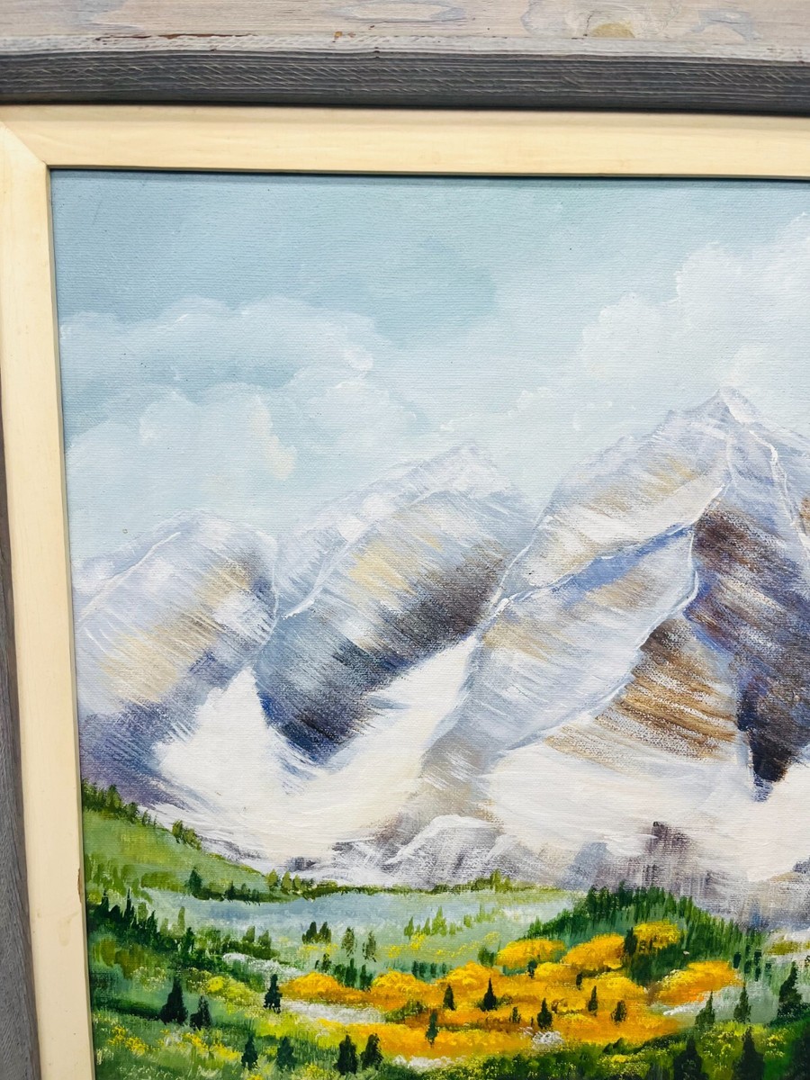 Painting Canvas Mountain Ridge Valley and Lake Vintage Signed