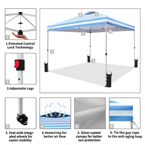 CROWN SHADES 10x10 Ft Outdoor Canopy Tent, 1 Push Lock, Sky Blue Stripes (Used) - Picture 3 of 8