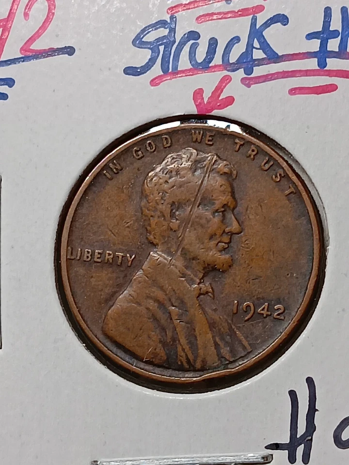 👉1942 - Lincoln Wheat One Cent 1C Coin - Error Struck Thru Head (Line) A/118 - Image 2 of 3