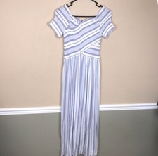 Japna Women’s Striped Blue White Smocked Faux Wrap Ruffle Trim Maxi Dress Sz S