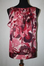 LOFT Sz S Red Floral Pullover Ruffle Blouse Sleeveless Elastic Waist
