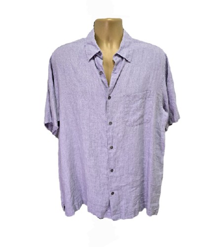 Brandini Lavender Button Shirt Mens Lge Linen Short Sleeve Pocket Office Purple