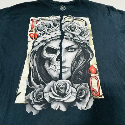 Mens Xxl Black Gothic Skull King & Queen of Hearts T-Shirt
