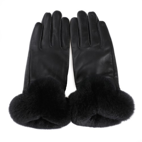 Women's Winter Warm Genuine Leather Gloves Rex Rabbit Fur Trim Cuff Velvet Lined - Picture 12 of 58
