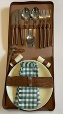 Vtg Austrian German Travel Picnic Set Zip Case MCM Plate Utensil Napkin