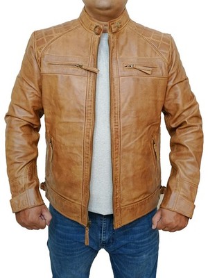 Men's Cafe Racer Quilted Moto Biker Bomber Real Lambskin Tan Leather Jacket