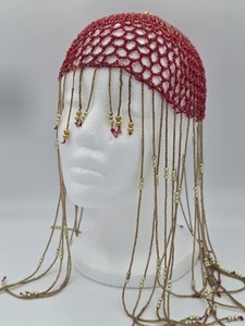 Belly Dancing Headpiece Red With Gold Beads