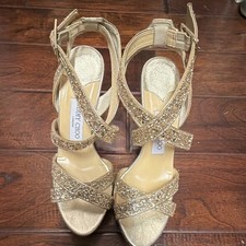 Jimmy Choo Gold Glitter Strappy Ankle Strap Open Toe Leather Heels 8.5
