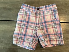 JANIE AND JACK Boys Blue Pink Plaid Linen Blend Shorts Size 4 Preppy Country