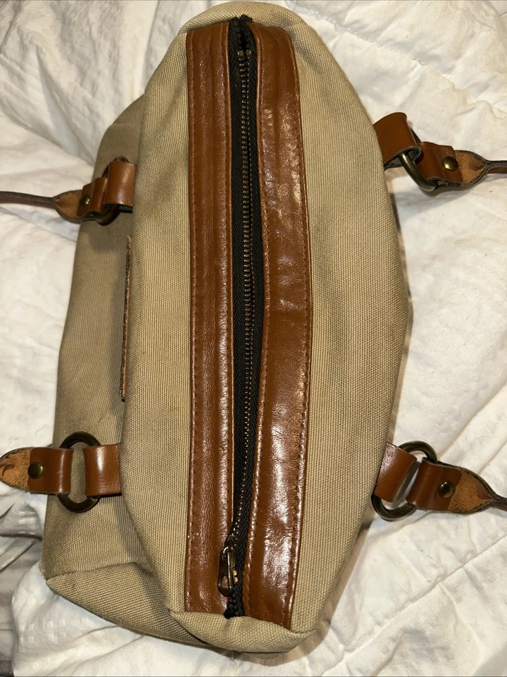 Daveys Vintage Canvas Bag Tote Zipper Side Pocket Light Brown Leather Trim USA - Image 3 of 4