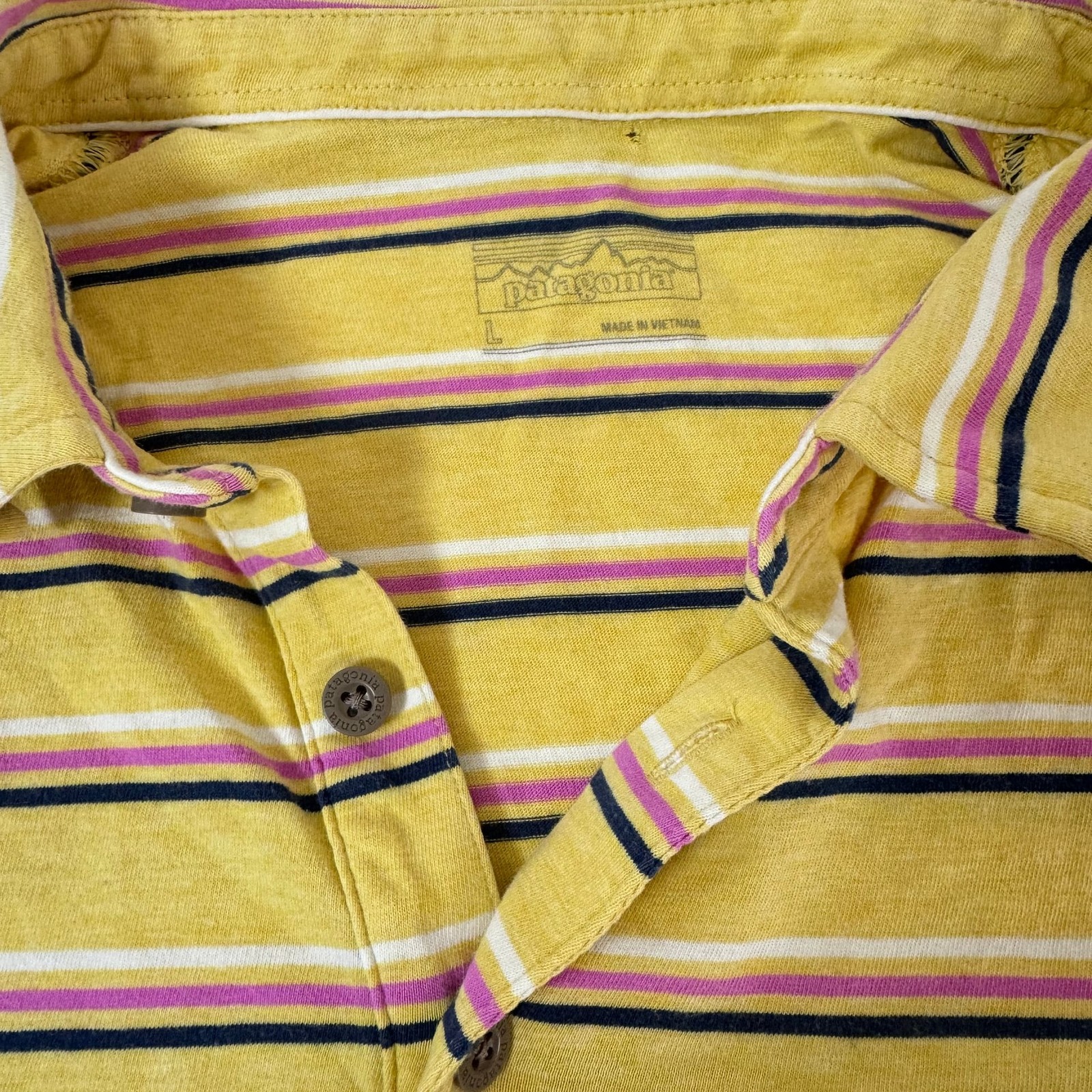 Patagonia Mens L Polo Shirt Yellow With Pink And White Stripes  thumbnail 2
