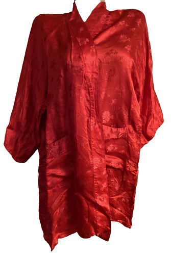 Womens Red Silk Kimono Esme Floral Vintage Chinese M Pockets Short Sleeve